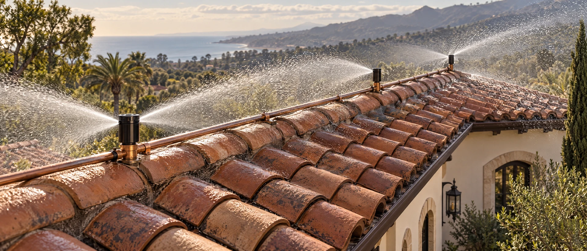 Illustrative rooftop wildfire sprinkler system operating across a coastal home's terracotta roof
