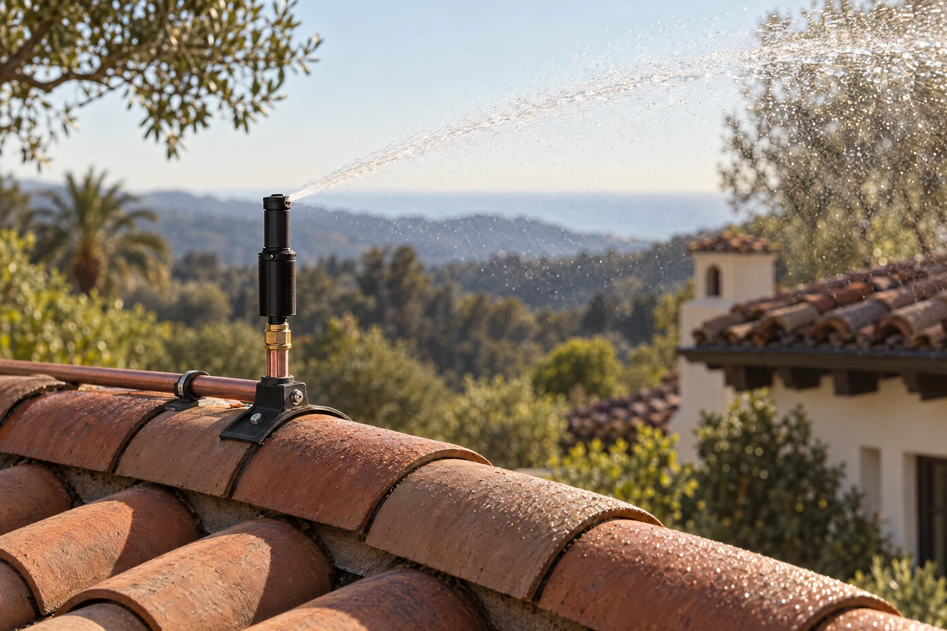 Illustrative close-up of a roof-mounted rotor sprinkler, short riser and discreet feed piping