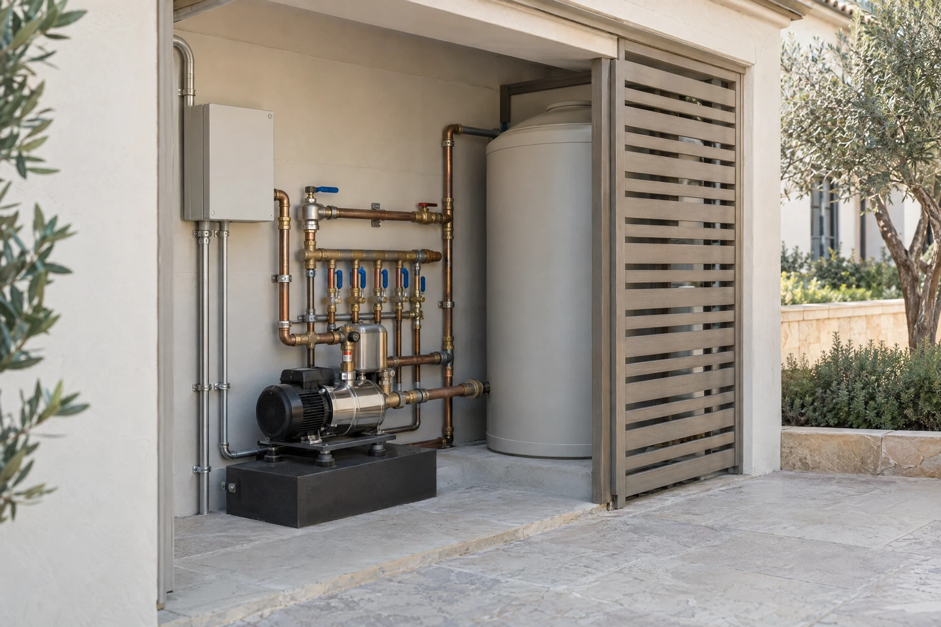 Illustrative discreetly integrated pump, distribution manifold and closed control enclosure in a residential service alcove